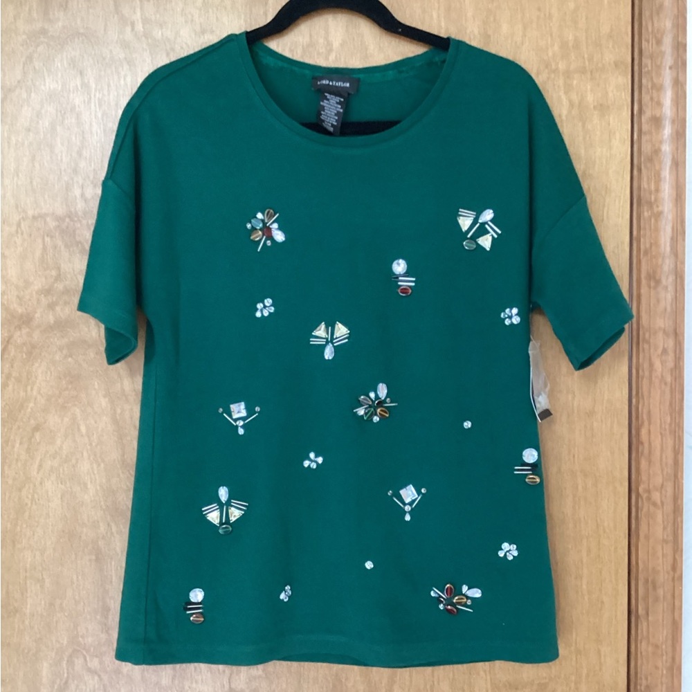 Lord&Taylor, M, Green Embellished Short Sleeve Top